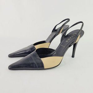 Escada Slingback Heels Pumps Sz 40 US 10 Black Tan Leather Pointed Shoes